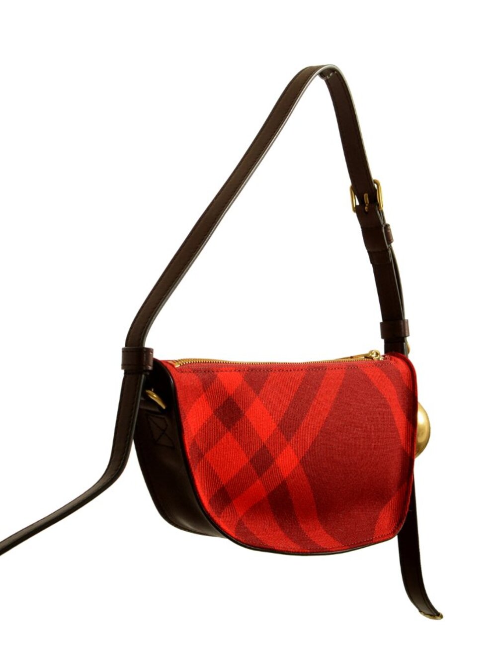 Burberry "Ls Knit Baguette" Leather Trimmed Scarlet Plaid Handbag Shoulder Bag - Picture 3 of 7